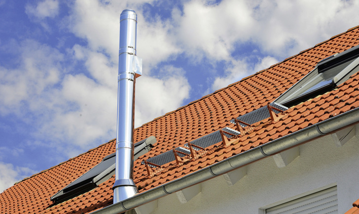 Schornsteine für Festbrennstoff­feuerungen können in der Regel nicht mehr an der Traufseite angeordnet werden. Ansonsten erfüllen sie die neuen gesetzlichen Ableit­bedingungen nicht.