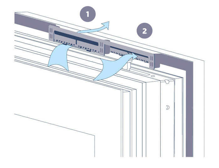 Die zwei Regulierungsklappen des Falzlüfters „Arimeo  Classic S“  öffnen und schließen sich gleichzeitig und regulieren so den Luftstrom: Bei normalem Winddruck sind sie geöffnet (1) und schließen wieder, wenn er zu hoch ist (2).