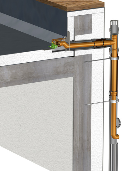 Durch die flache Bauweise des Attika-Entwässerungssystems Loro-X Duoflux bleibt viel Platz für die Wärmedämmung des Flachdachs.