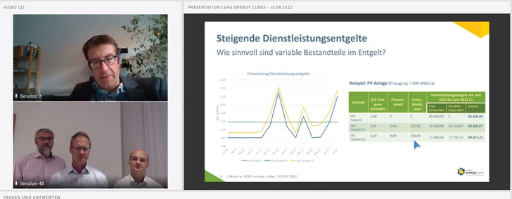 Webinar mit Leag Energy Cubes (Bild unten links, von links nach rechts): Christian Fünfgeld, Harald Altmann, Philipp Schwerdtner