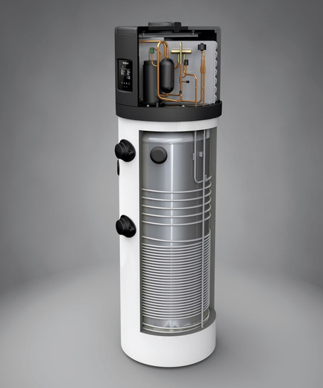 Schutz vor Verkalkung: Bei der Warmwasser-Wärmepumpe Logatherm WPT ist der Verflüssiger um den Speicher gewickelt, sodass er nicht mit Wasser in Kontakt kommen kann.