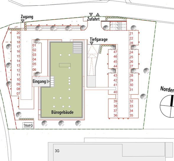 1 Lageplan des Gewerbegrundstücks mit dem neuen Bürogebäude, M 1:1000