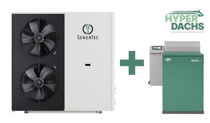 Ist ausreichend Ökostrom zu einem günstigen Preis verfügbar, kann beim Hyper Dachs-System eine Wärmepumpe die Hauptarbeit leisten. Sind die Temperaturen niedrig und der Strompreis hoch, übernimmt ein Gas-Blockheizkraftwerk.