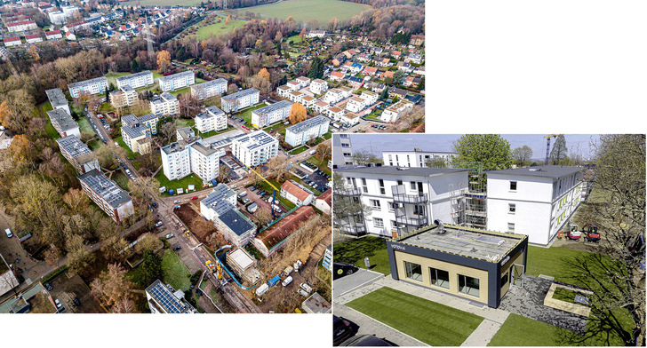 Das Quartier in Bochum-Weitmar ist mit einer eigenen Energiezentrale ausgestattet (kleines Bild, unten). Sie bietet zusammen mit den Solaranlagen auf den Dächern eine Leistungsschau zeitgemäßer Technik, inklusive Elektrolyseur und Brennstoffzelle. Grundwasser-Wärmepumpen sollen das System demnächst noch erweitern.      