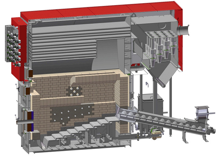 Bei dem Industriekessel Magno-SR trocknet feuchtes Hackgut in der Brennkammer auf einem Stufentreppenrost vor.