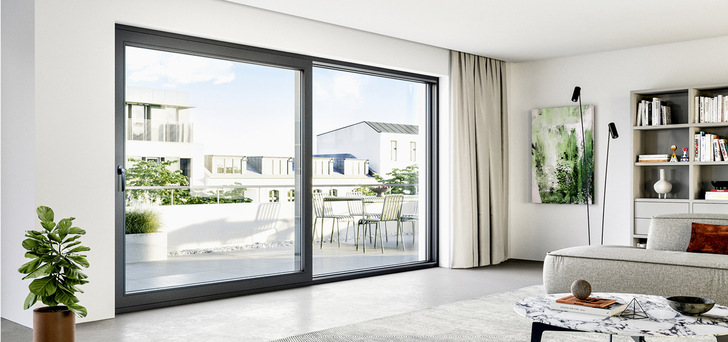 Verschiedene Elementtypen, zwei Dichtungskonzepte und zahlreiche Oberflächen-
varianten bieten Gestaltungsfreiheit beim Kunststoff-​Schiebesystem Living move.