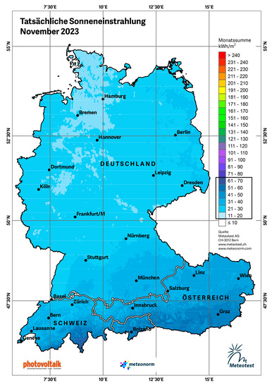 Solarer Einstrahlungsatlas für die DACH-Region im November 2023.