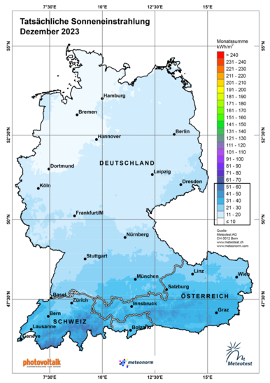 Einstrahlungskarte für die DACH-Region im Dezember 2023.
