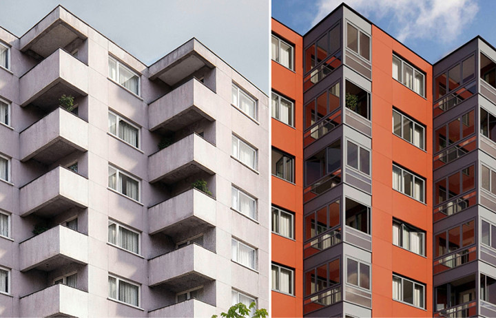 Das Fassadenmodul Ecoline M verwandelt ehemals offene Balkone in vollwertige Wohnraumerweiterungen, wobei der Balkoncharakter durch die Glas-Faltwände erhalten bleibt.