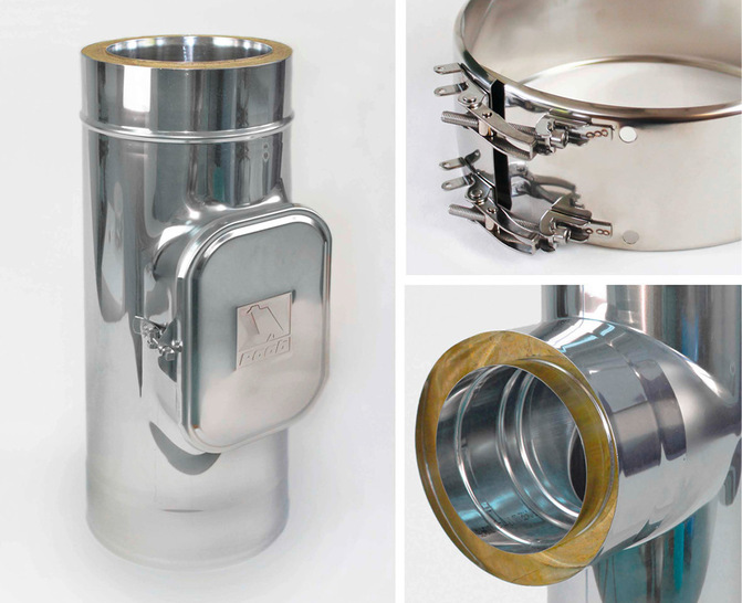 Das Abgassystem DW 25 Optilife ist mit einem kondensat- und feuchtedichten T-Stück ausgestattet, seine Reinigungsöffnung mit einer integrierten Rußsperre und einem Kondensatabweiser.