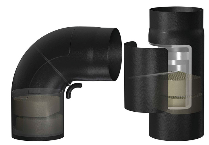 Der Abgaskatalysator Future-Kat ist entweder in einem 90-Grad-Bogen oder in einem Rohrelement integriert.