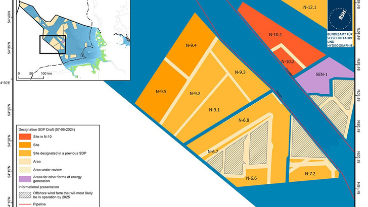 Die beiden von der "Fünften Verordnung zur Durchführung des Windenergie-auf-See-Gesetzes" (5. WindSeeV) des BSH für die Ausschreibung im August freigegebenen Flächen. Die Behörde BSH sieht N-10.1 und N-10.2 mit 151 und 31 Quadratkilometern für 2 und 0,5 Gigawatt Windkraft vor. Das schraffierte dreieckige Entwicklungsfeld unten rechts stellt das im Bau befindliche 960-Megawatt-Areal He Dreiht von EnBW dar. Auf den anderen schraffierten Feldern befinden sich die bestehenden Windparks Deutsche Bucht, Veja Mate, Bard Offshore 1, Hohe See, Albatros und Global Tech 1