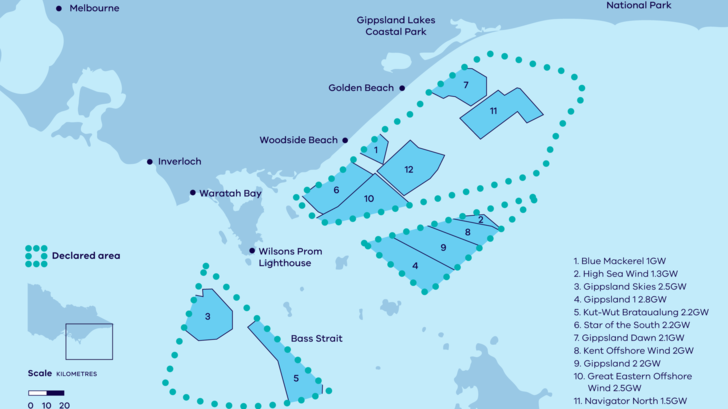 Australien: Gippsland-Zone für 13 Offshore-Windpark-Projektierungen vor dem australischen Bundesstaat Victoria mit einem Potenzial von zusammen 25 Gigawatt (GW) und …