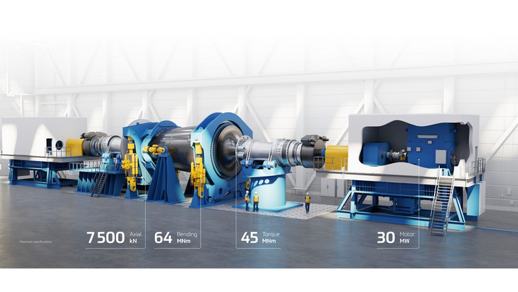 Simulation des riesigen Teststands mit Triebstrang zwischen den beiden 30-MW-Motoren.