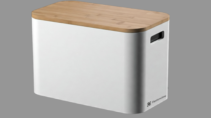 Weißer rechteckiger Behälter mit Holzdeckel und seitlichen Griffen, vor grauem Hintergrund. - © Flexhome Energy