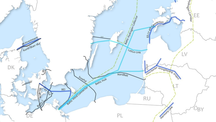 Der südliche Teil der Baltic Map zeigt mögliche Verbindungen für Strom und Wasserstoff. Die türkisfarbenen sind bereits im Bau.