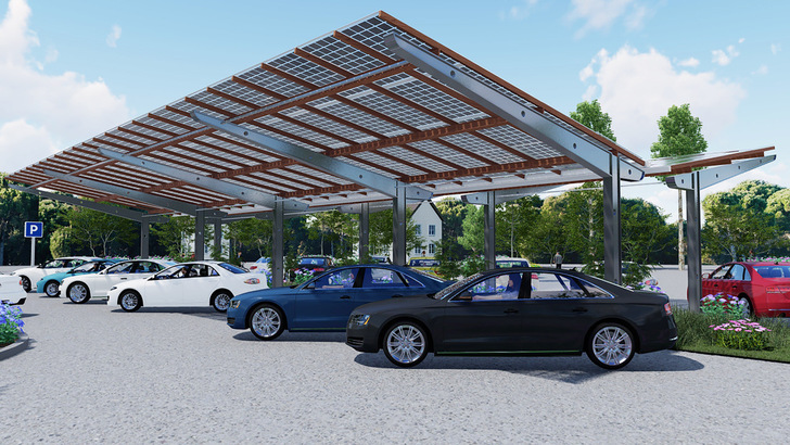 Die solaren Überdachungen sorgen nicht nur für Schatten und Witterungsschutz, sondern liefern auch Solarstrom.