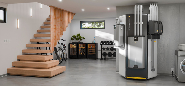 Das Solarwärmesystem Aqua Solar+ bildet eine kompakte Heizzentrale aus Speicher, Steuerung und Frischwasserstation, dass von CPC-Vakuumröhrenkollektoren gespeist wird.