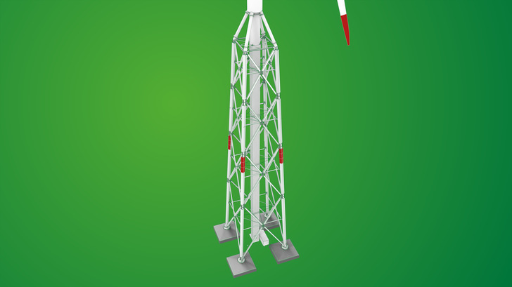 Der Holzhybridturm benötigt weniger Material, auch für die vier Fundamente.