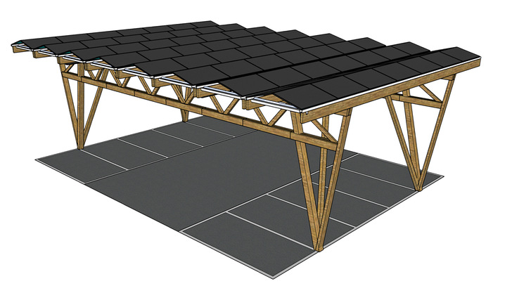 Das Carportsystem Urbanroof wird aus Holz aufgebaut und auf Schraubfundamenten verankert.