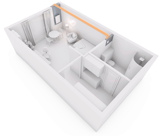 Ist das KWL EC 70 in der Wand integriert, können weitere Lüftungsleitungen angeschlossen werden, sodass sich ein weiterer Raum belüften lässt.