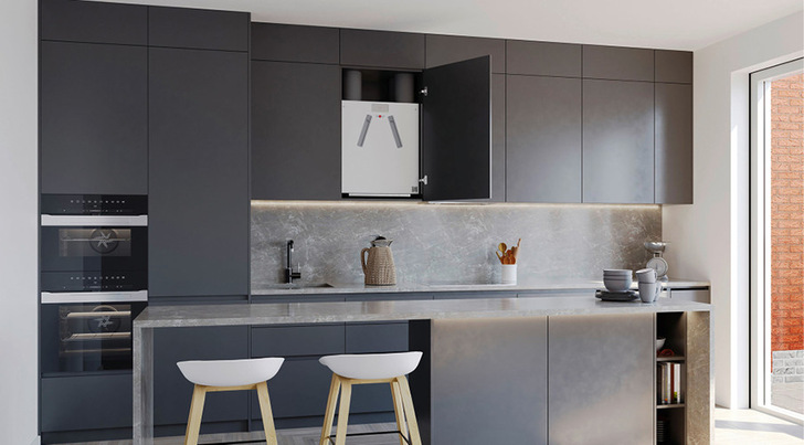 Kompakt designt, passt das Wohnungslüftungsgerät FWL-200 in Standard-Küchenschränke.