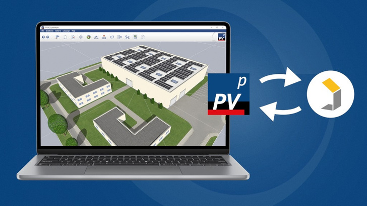Laptop mit einem Gebäude mit Solarzellen auf dem Dach, PV*SOL-Logo und Pfeilen zu einem anderen Software-Symbol. - © Valentin Software