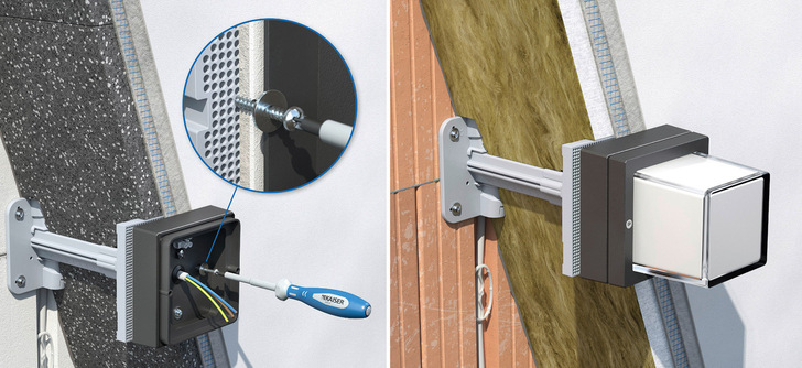 Der Teleskop-Geräteträger eignet sich für die sichere Installation von Leuchten, Bewegungsmeldern und vielen weiteren Geräten in und an gedämmten Fassaden.