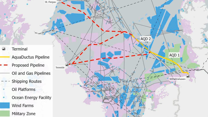 Pipelineprojekt Aquaductus (gelb), empfohlene britische Röhren (rot)