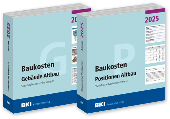 Zwei blau-weiße 2025 BKI-Kostenplanungsbücher zum Thema Gebäudesanierung und -bau, die nebeneinander stehen. - © Bild: BKI