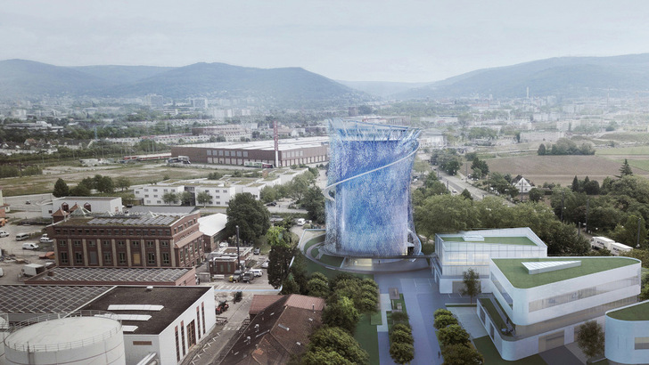 Stadt Heidelberg: vorne der Energiespeicher – hier als Zukunftsvision – hinten der Odenwald mit dem von der Stadt, den Stadtwerken und Energiegenossenschaften gewünschten Windparkprojektstandort Lammerskopf