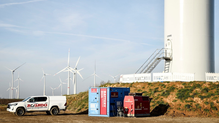 Eine Batterieeinheit und ein Stromaggregat sorgen im Windpark Kleinbouslar bei Erkelenz für die Ersatzstromversorgung.