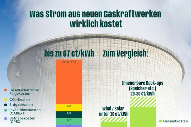 Gesamtkosten für Strom aus Erdgas, inklusive Schäden, Subventionen und Importrisiken.