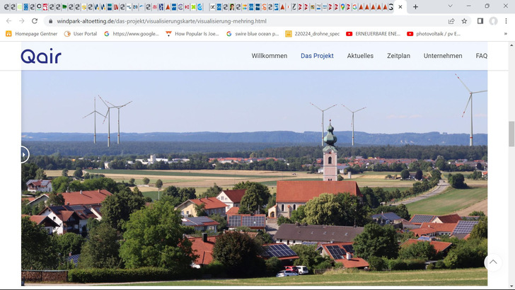 Bayerns Bundesratsantrag für eine Sonderausschreibung 2026 für fünf Gigawatt mehr Windkraft an Land: Simulation des Windparks Altötting aus Kirchturmsperspektive von Mehring aus