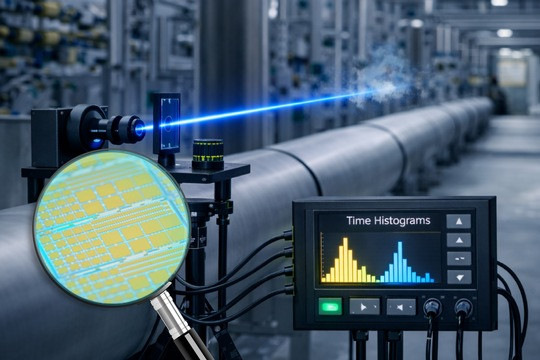 Die Bildmontage zeigt, wo und wie das kompakte Raman-LiDAR-System in Einsatz kommen könnte. In der Lupe sieht man den Ausschnitt eines am Fraunhofer IMS gefertigten 200 mm Wafers mit Varianten der Silizium-Photomultiplier (BSI-SiPMs).