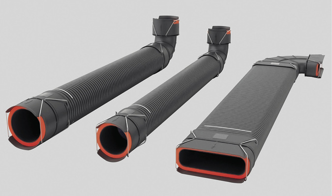 Die Luftkanäle des Click and Go Verteilsystems lassen sich ineinander stecken und werden dann von einem Bügel zusammengehalten.