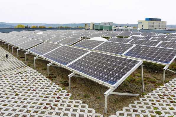 1 PV-Installationssystem auf einem Gründach – das Substrat dient hier gleichzeitig als Auflast.
