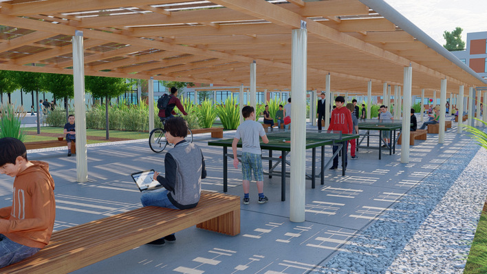 Die solare Überdachung wertet die Fläche auf und erlaubt neue Nutzung auch bei Schlechtwetter oder Hitze.﻿