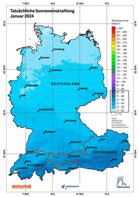 Einstrahlungskarte für die DACH-Region im Januar 2024.