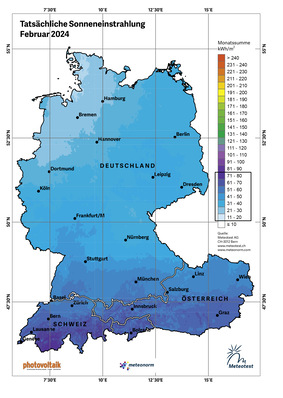 Solarer Einstrahlungsatlas für die DACH-Region im Februar 2024.