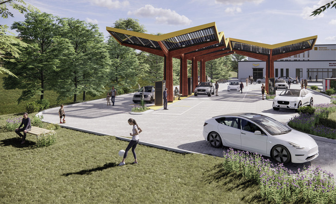 So wird der Ladepark in Bochum aussehen. Die Tankstellen sollen Orte sein, an denen auch längere Tankstopps nicht ­langweilig werden.