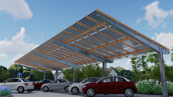 Die neue Lösung für Solarcarports schützt die Grünstreifen hinter den Autos.