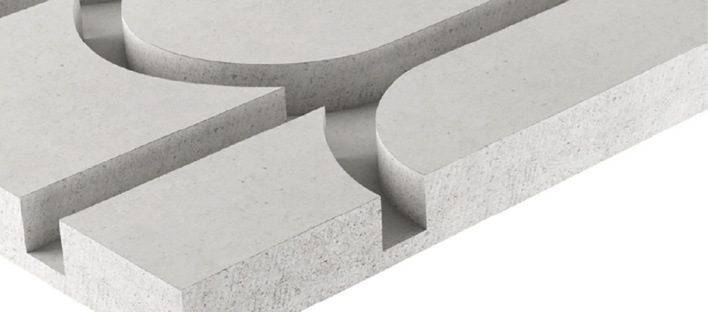 Das Trockenestrichelement mit Rohrführungen eignet sich für Fußboden­heizungen und -kühlungen im Innenbereich.