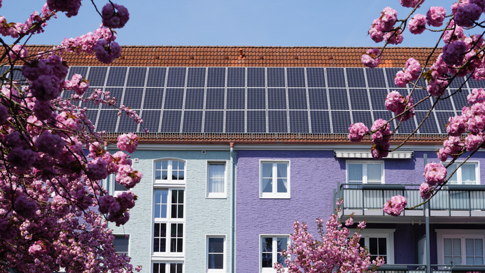 Energetisch renoviertes Wohnhaus mit Solarenergie im Frühjahr zur Kirschblüte