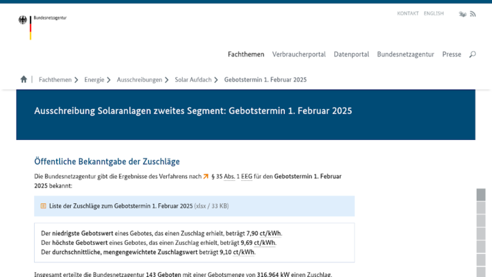 Die aktuellen Zuschläge stehen auf der Website der Bundesnetzagentur.