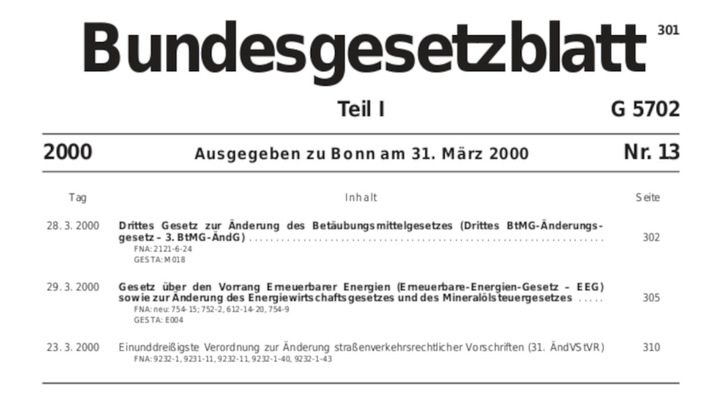 Trat am 1. April 2000 in Kraft: das EEG.