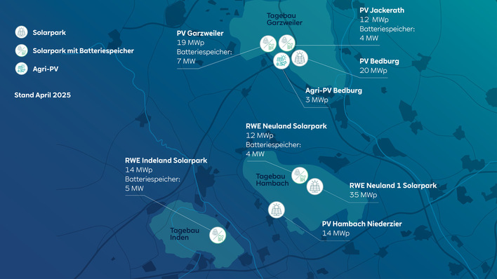 Überblick über die Solarprojekte in Grazweiler, Hambach und Inden.