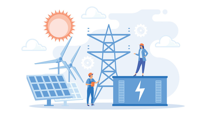 Battery energy storage from renewable solar and wind power station. Energy storage, energy collection methods, electrical power grid concept. flat vector modern illustration