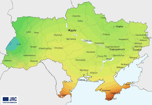 Solare Einstrahlunskarte der Ukraine, von unter 1.000 (blau) bis über 1.350 Kilowattstunden pro Quadratmeter.