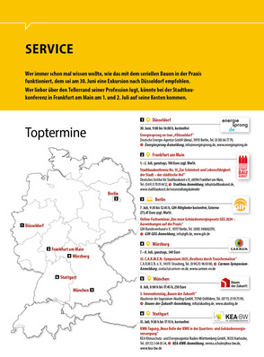 Deutschlandkarte mit Standorten für Bauveranstaltungen, rechts sind die Veranstaltungsdetails in deutschem Text aufgeführt.